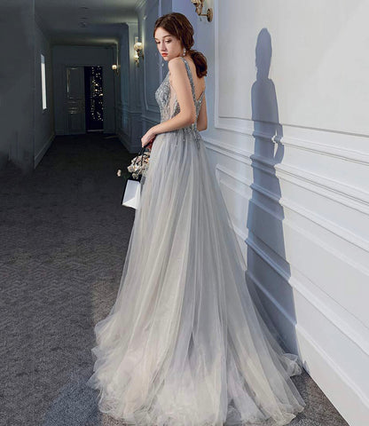 Gray tulle beads long prom dress A line evening dress  10409