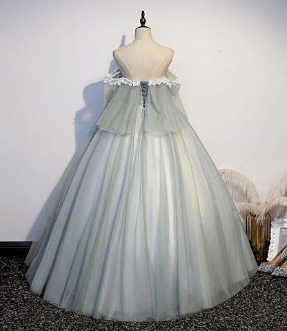 Green tulle lace long prom dress A line evening gown  10343