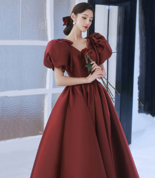 Burgundy v neck satin long prom gown A line formal gown  10314