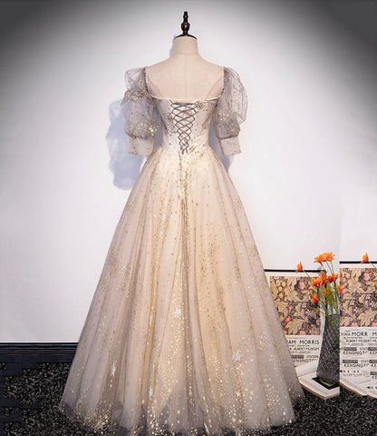 Champagne tulle sequins long prom dress A line evening gown  10327