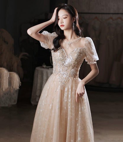 Champagne tulle sequins long prom dress evening dress  10325