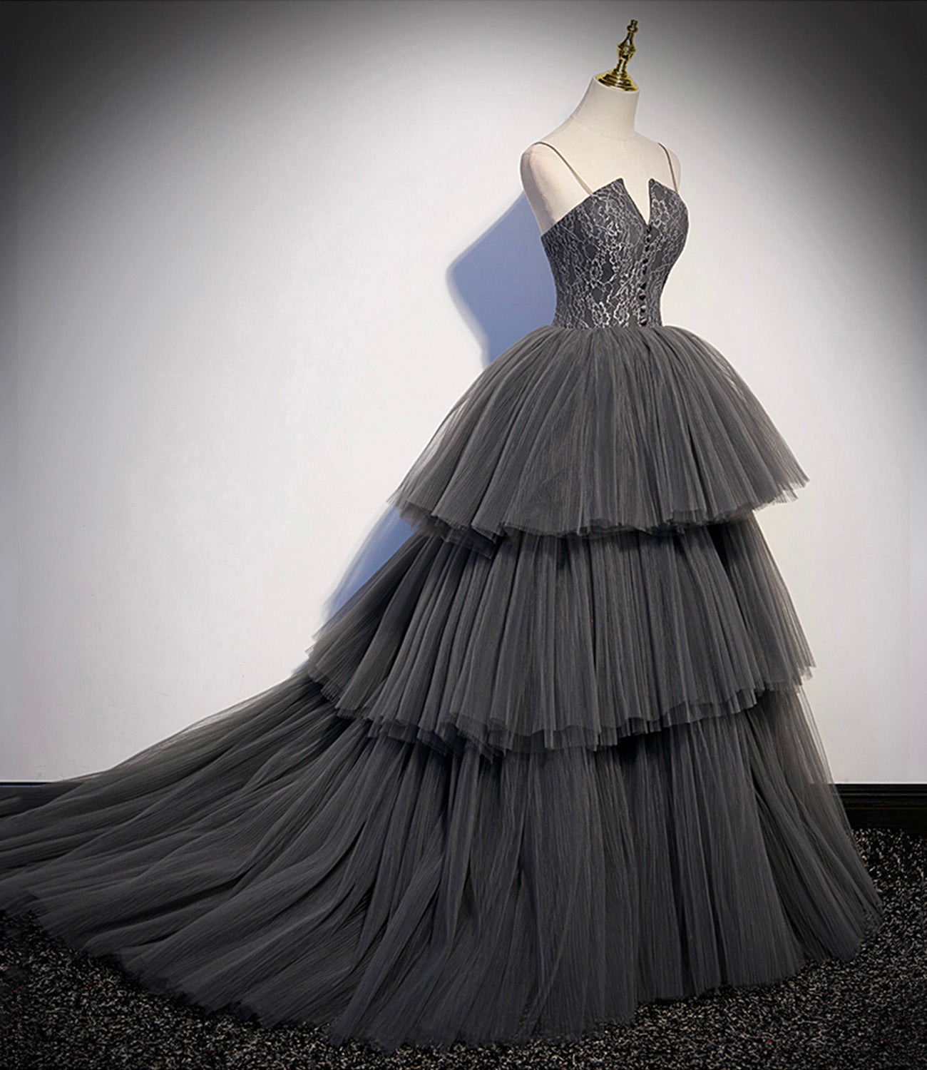 Gray tulle lace long ball gown dress formal gown  10296