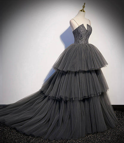 Gray tulle lace long ball gown dress formal gown  10296
