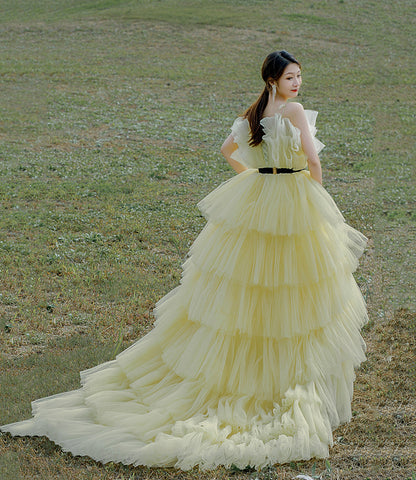 Yellow tulle long ball gown dress A line evening gown  10304