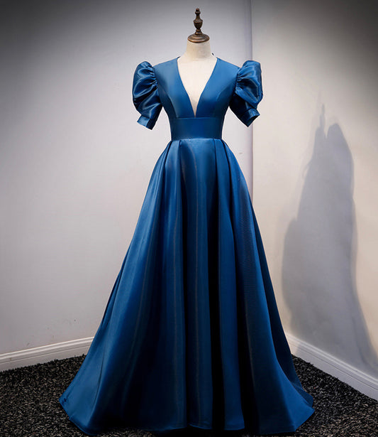 Blue satin long prom dress A line evening gown  10309