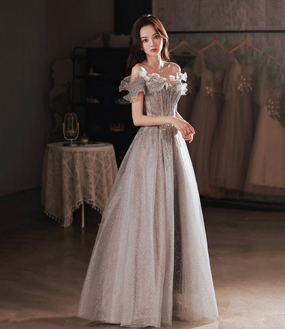 Gray tulle sequins long prom dress gray evening dress  10451
