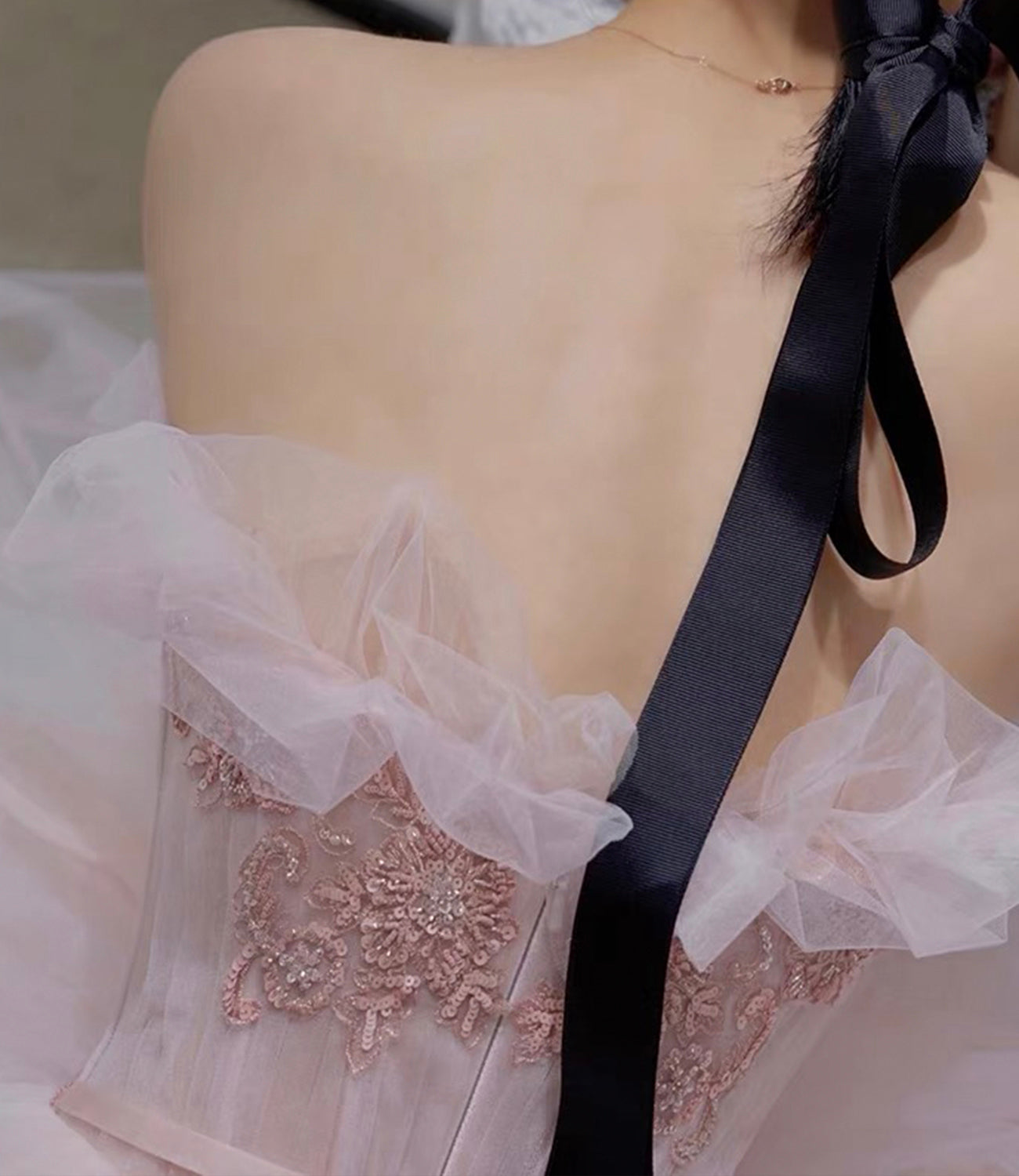 Pink tulle sequins long prom gown A line evening gown  10302