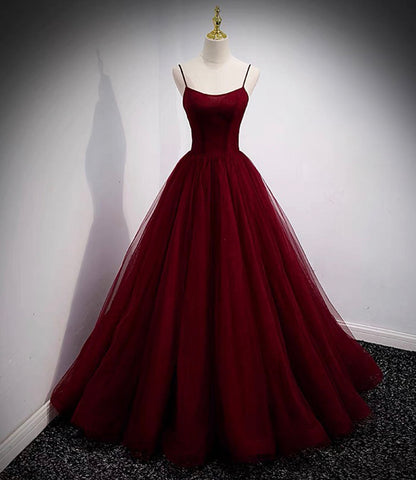 Burgundy tulle long prom dress two pieces evening dress  10328