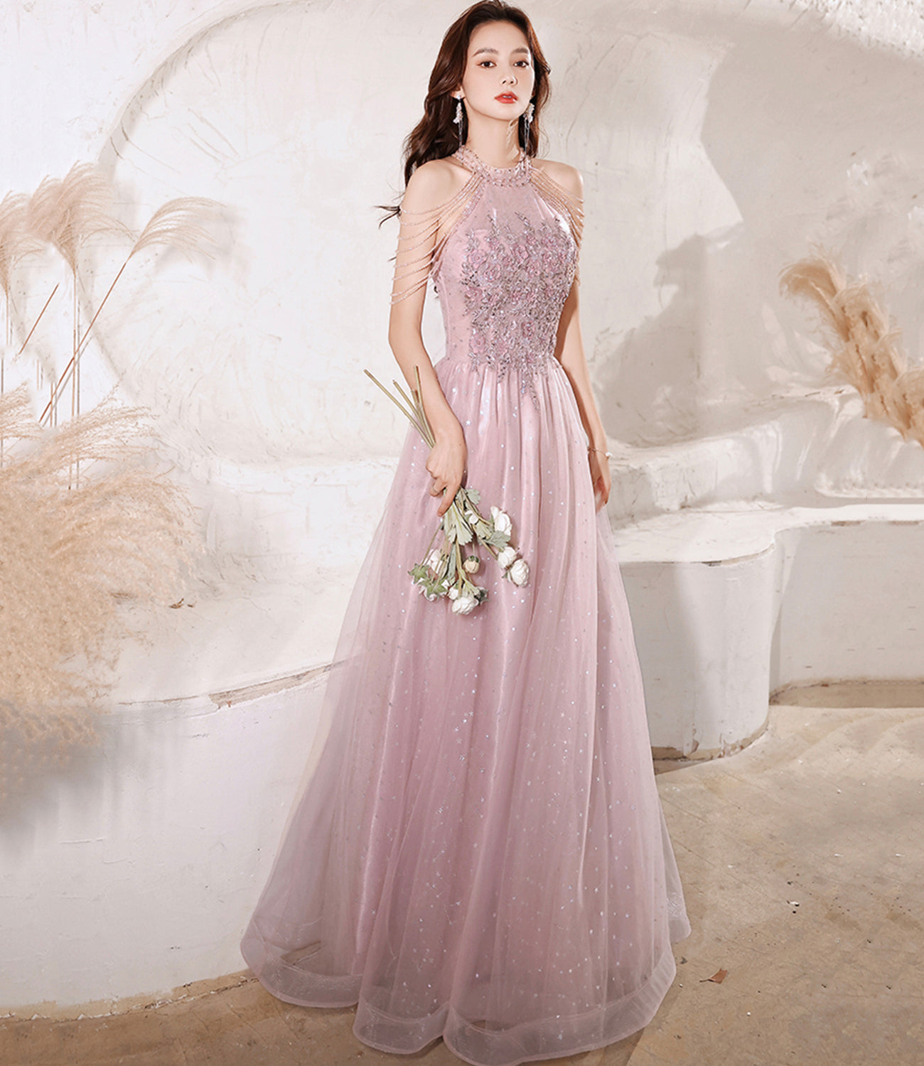 Pink tulle beads long prom dress A line evening gown  10299