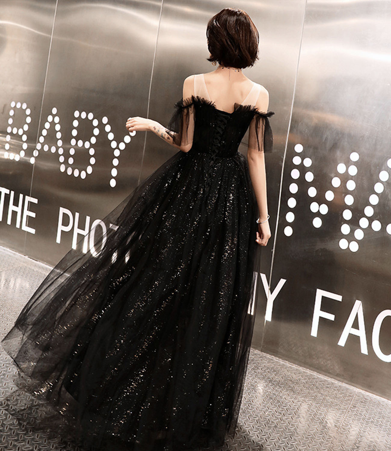 Black tulle long prom dress A line evening dress  10317