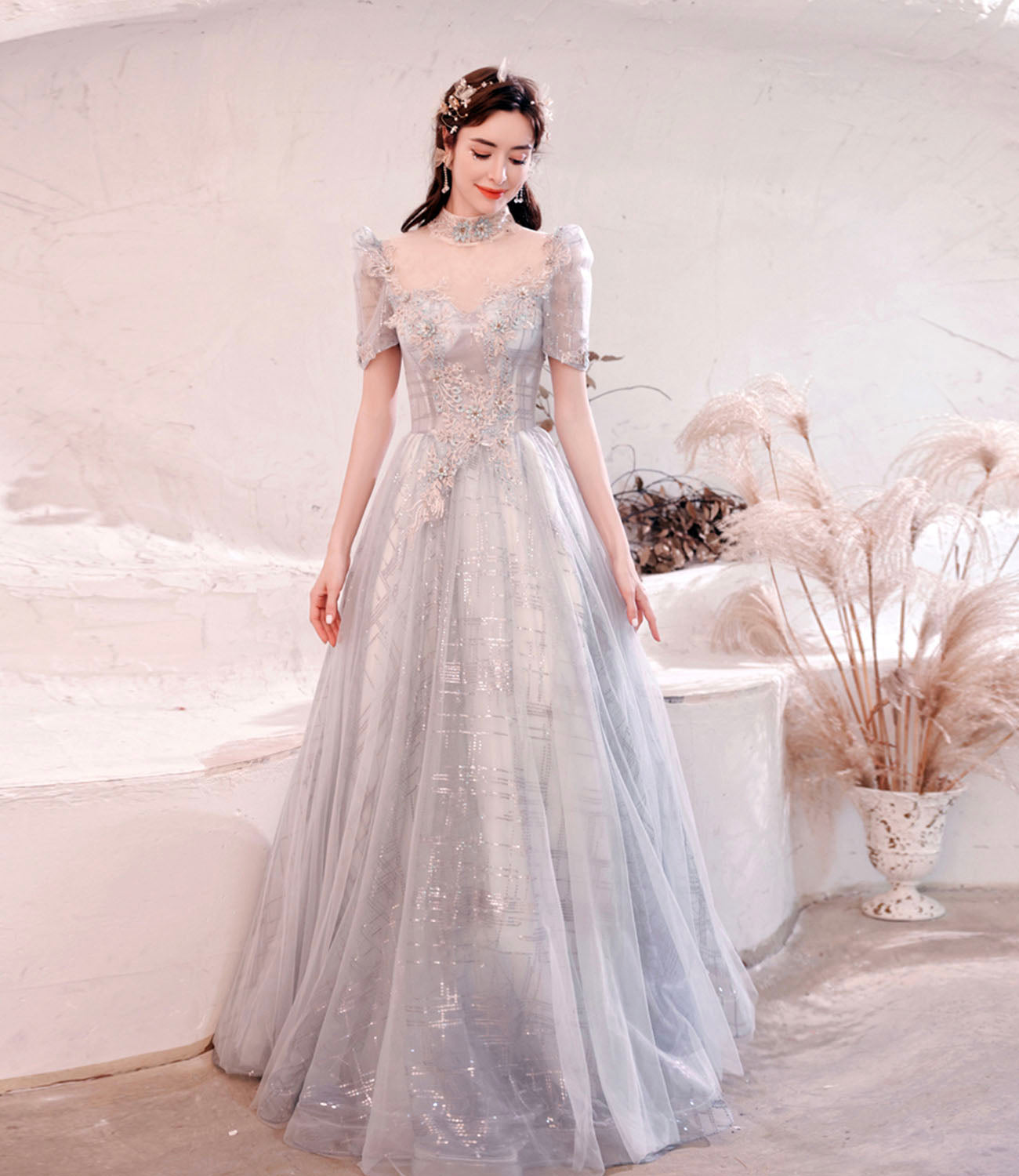 Gray tulle sequins long ball gown dress formal dress  10322