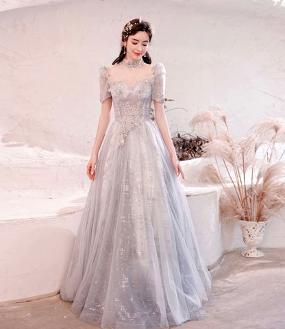 Gray tulle sequins long ball gown dress formal dress  10322