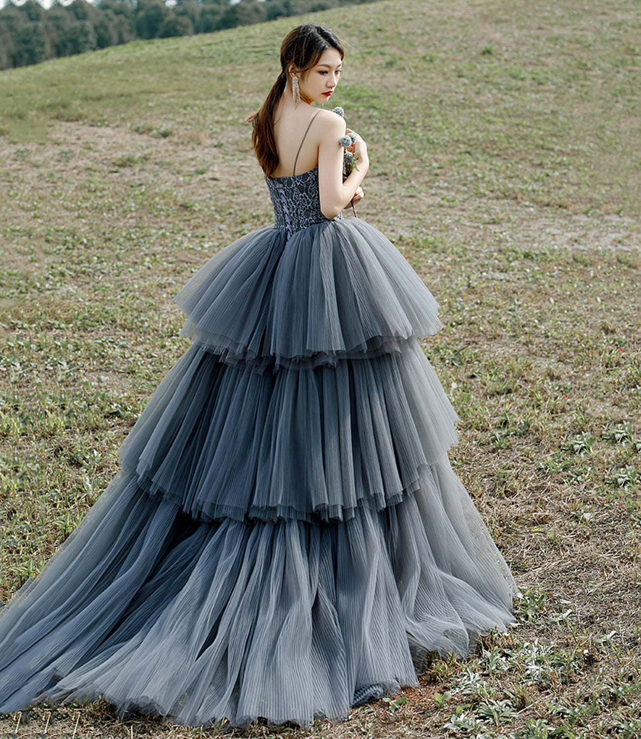 Gray tulle lace long ball gown dress formal dress  10306