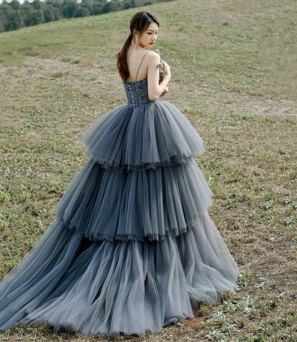 Gray tulle lace long ball gown dress formal dress  10306
