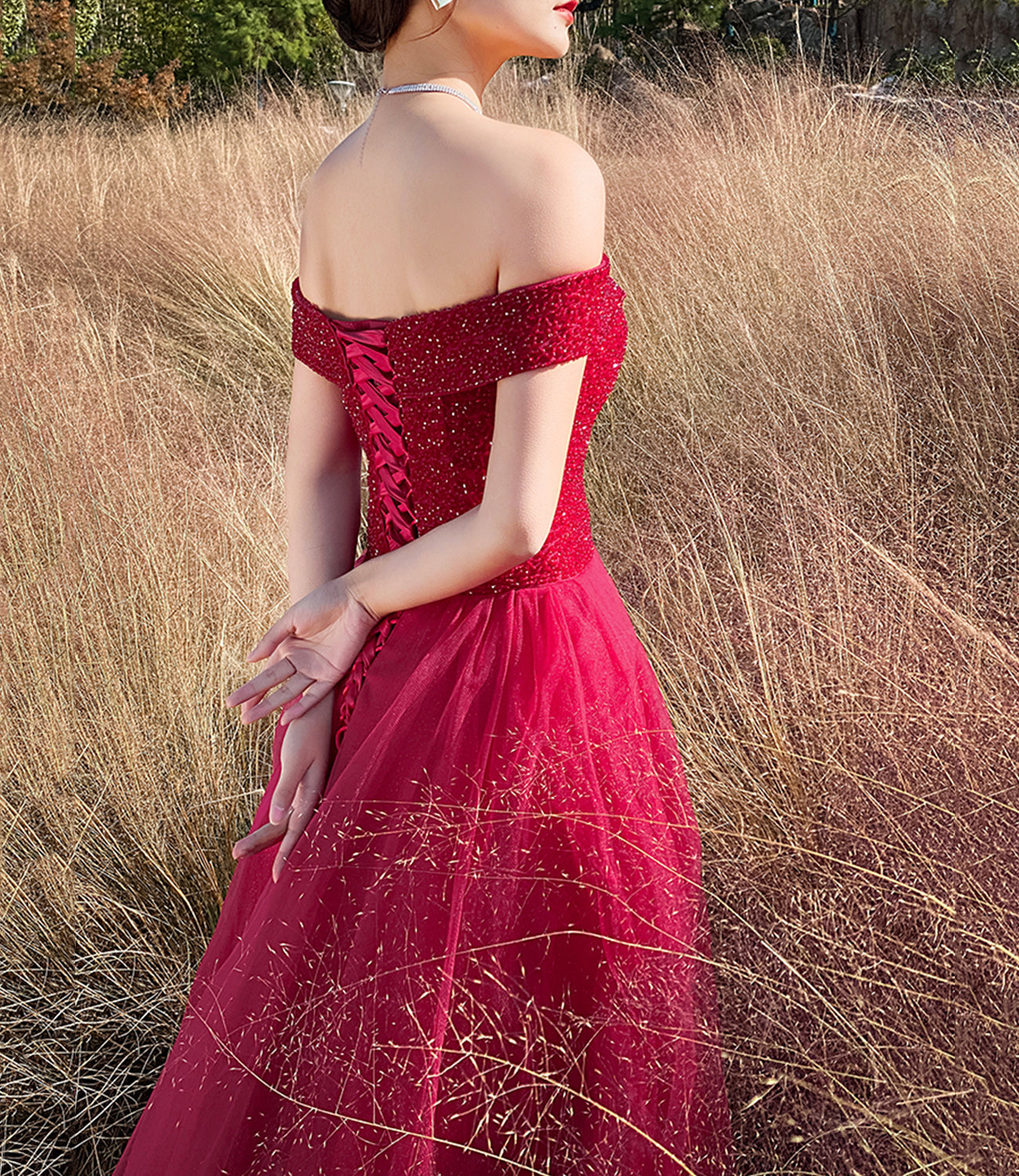 Red tulle beads long prom dress A line evening dress  10307