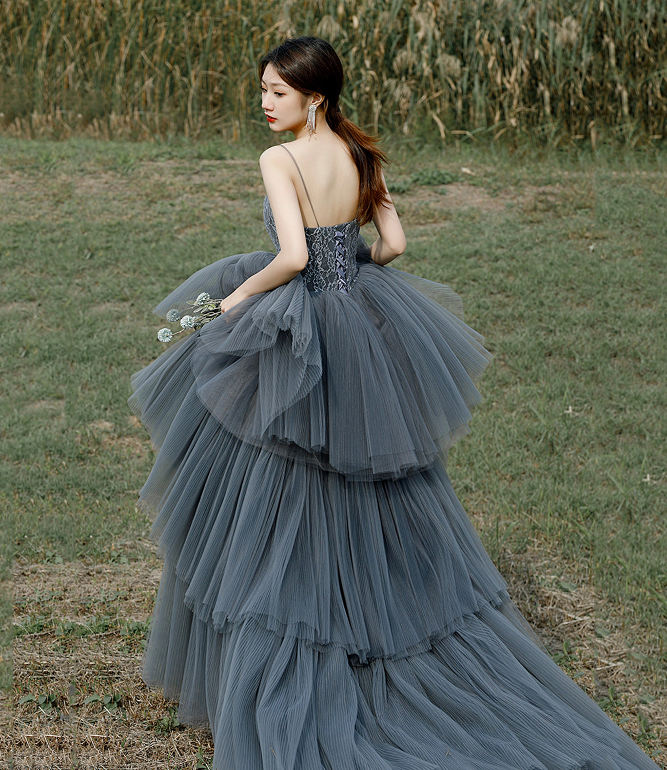 Gray tulle lace long ball gown dress formal dress  10306