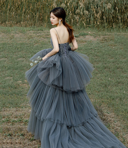 Gray tulle lace long ball gown dress formal dress  10306