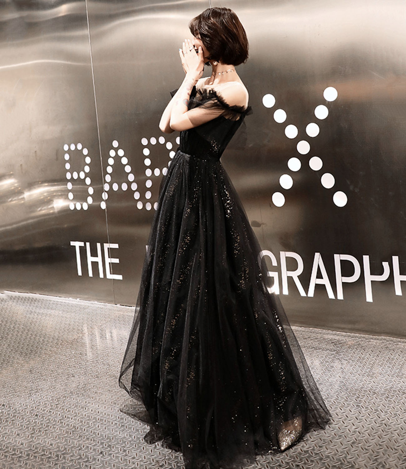 Black tulle long prom dress A line evening dress  10317