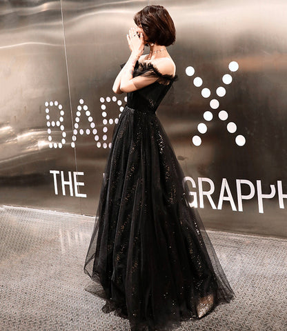 Black tulle long prom dress A line evening dress  10317