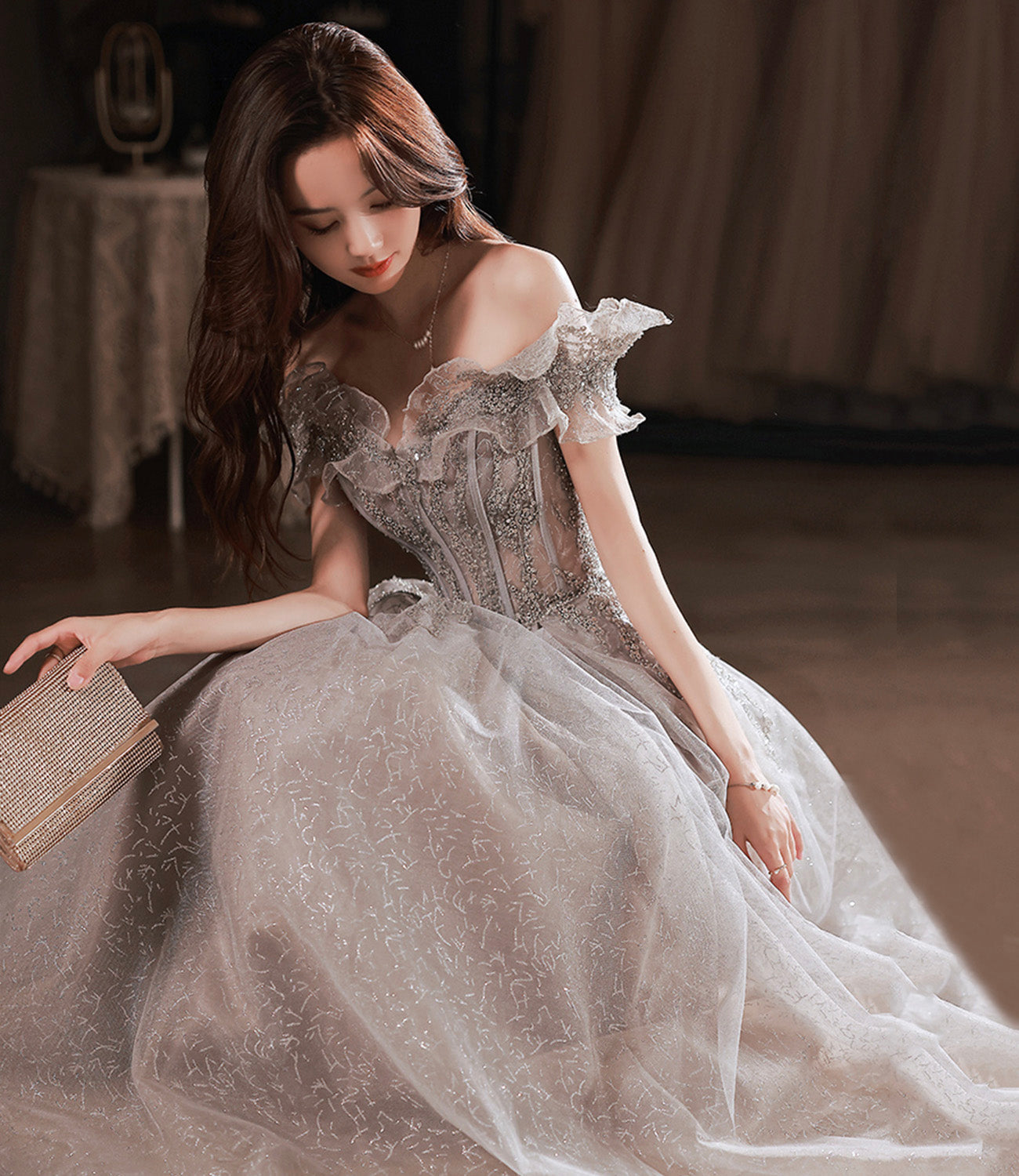 Gray tulle sequins long prom dress gray evening dress  10451