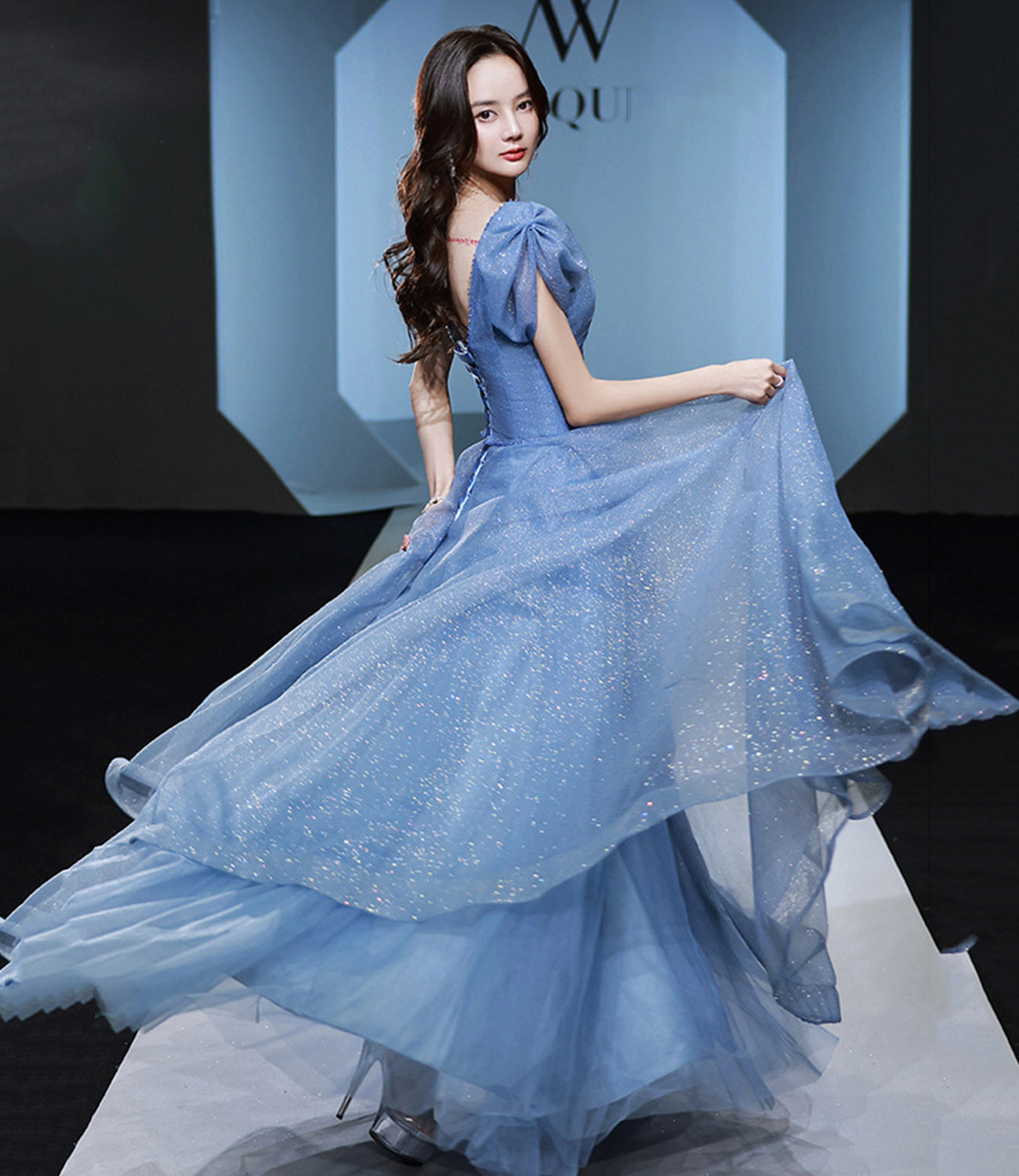 Blue tulle sequins long prom dress evening gown  10310