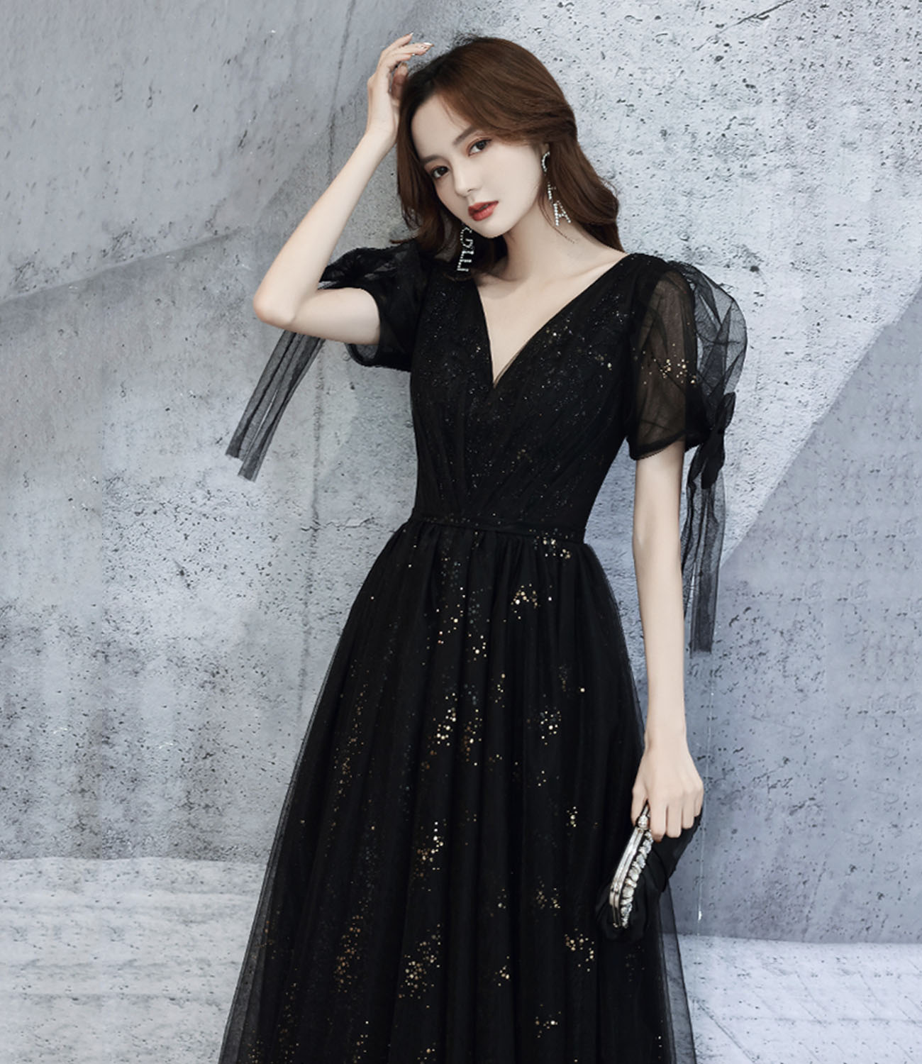 Black v neck tulle long prom dress A line evening dress  10318