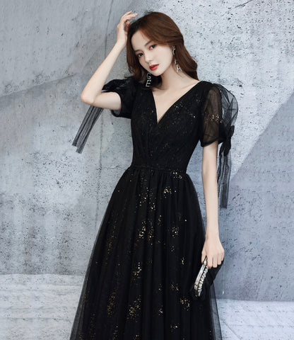 Black v neck tulle long prom dress A line evening dress  10318