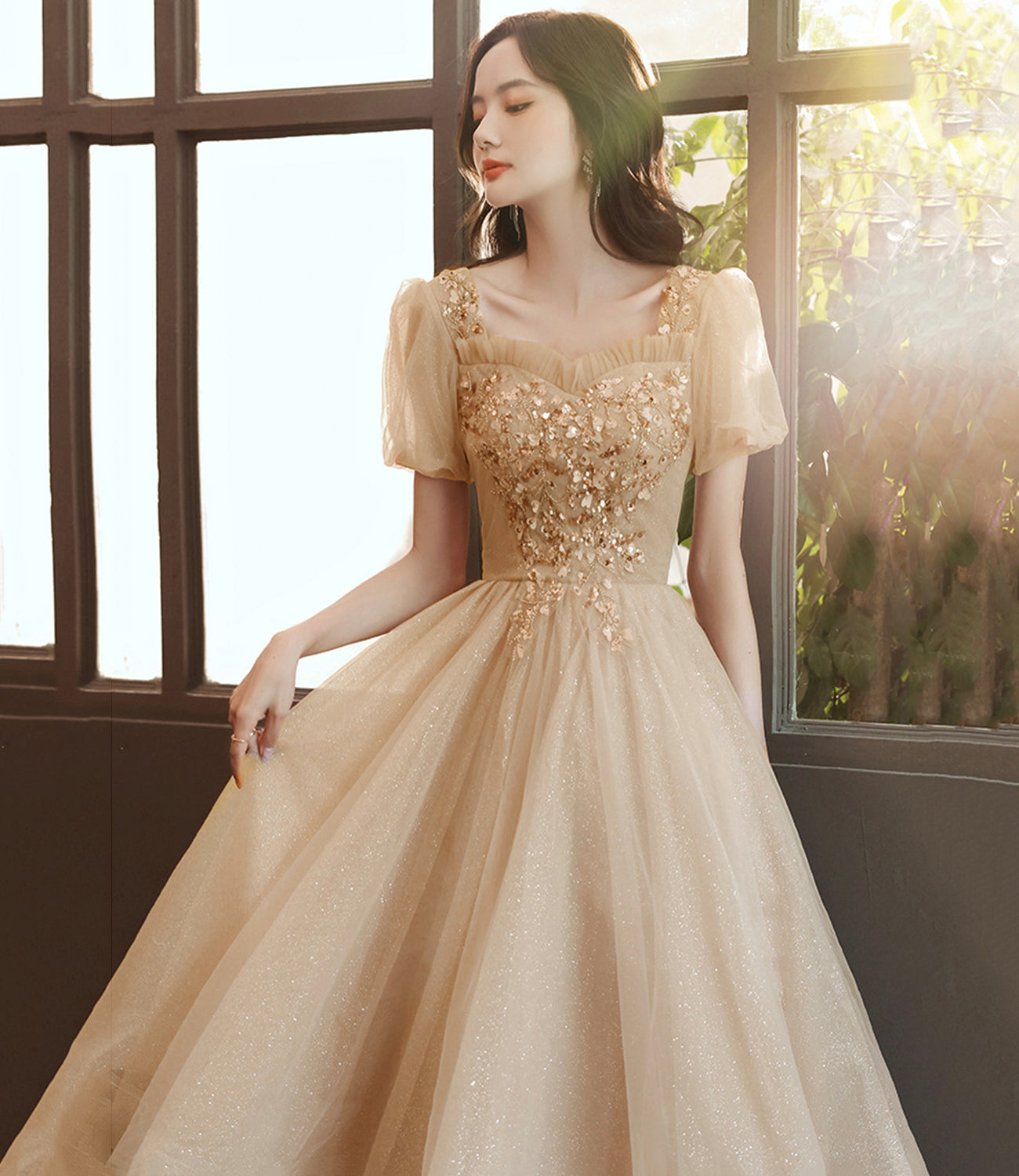 Cute tulle sequins long prom dress evening dress  10263