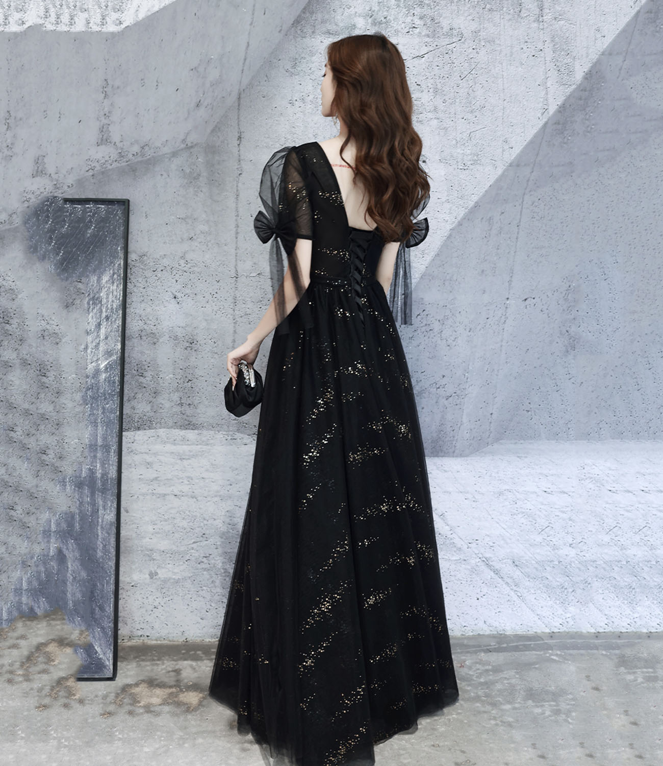 Black v neck tulle long prom dress A line evening dress  10318