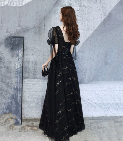 Black v neck tulle long prom dress A line evening dress  10318