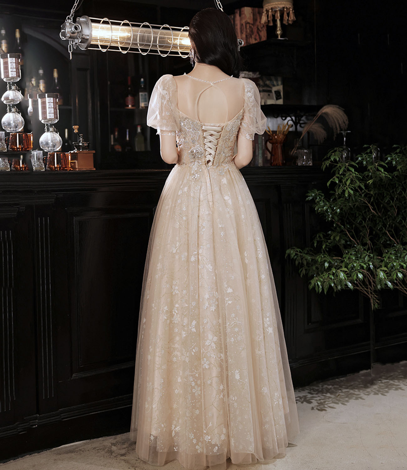Champagne tulle sequins long prom dress evening dress  10325