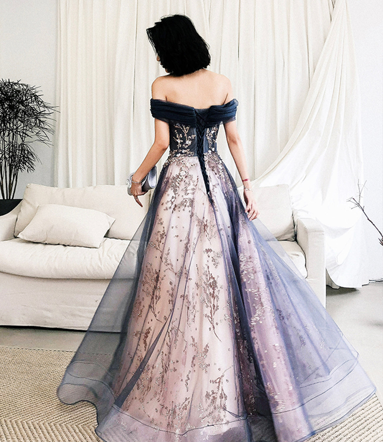 Blue tulle sequins long prom dress evening gown  10297