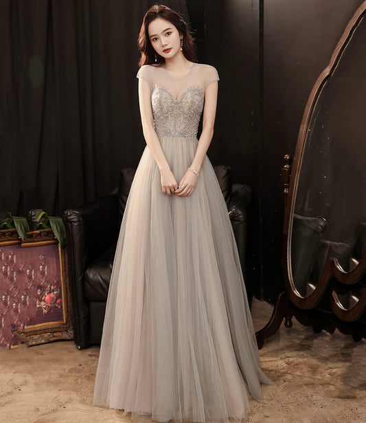 Cute tulle beads long prom dress A line evening gown  10279