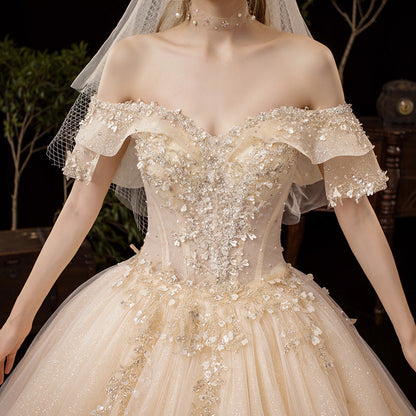 Champagne tulle sequins long prom dress evening gown  10250