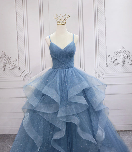 Blue tulle long prom dress blue evening gown  10248