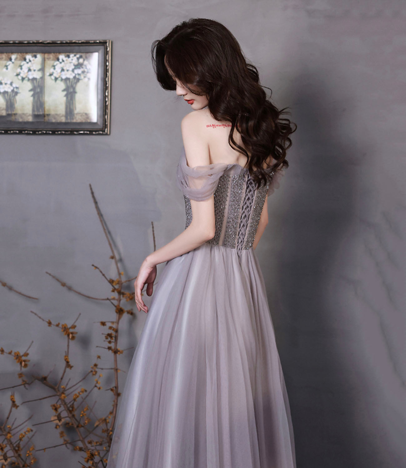 Cute tulle beads long prom dress A line evening gown  10319