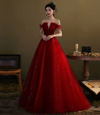 Red tulle sequins long prom dress evening gown  10276