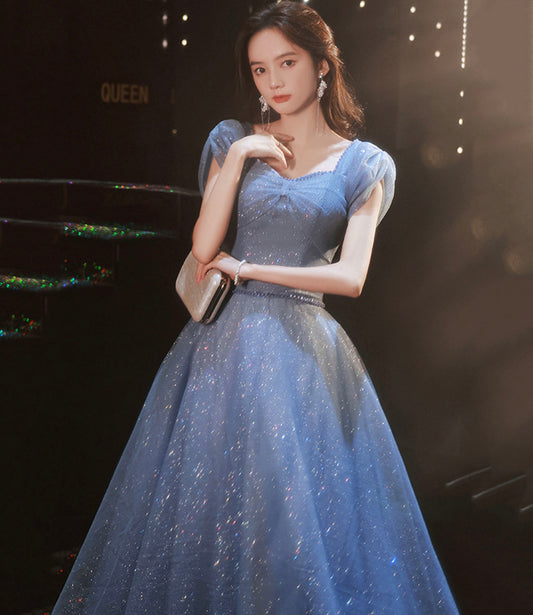 Blue tulle long prom dress blue evening dress  10292