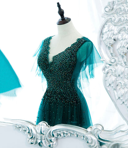Green tulle beads long prom dress evening gown  10272