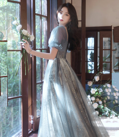 Gray tulle sequins long prom dress gray evening dress  10252
