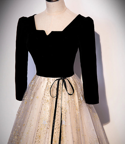 Black velvet tulle long prom dress A line evening gown  10237