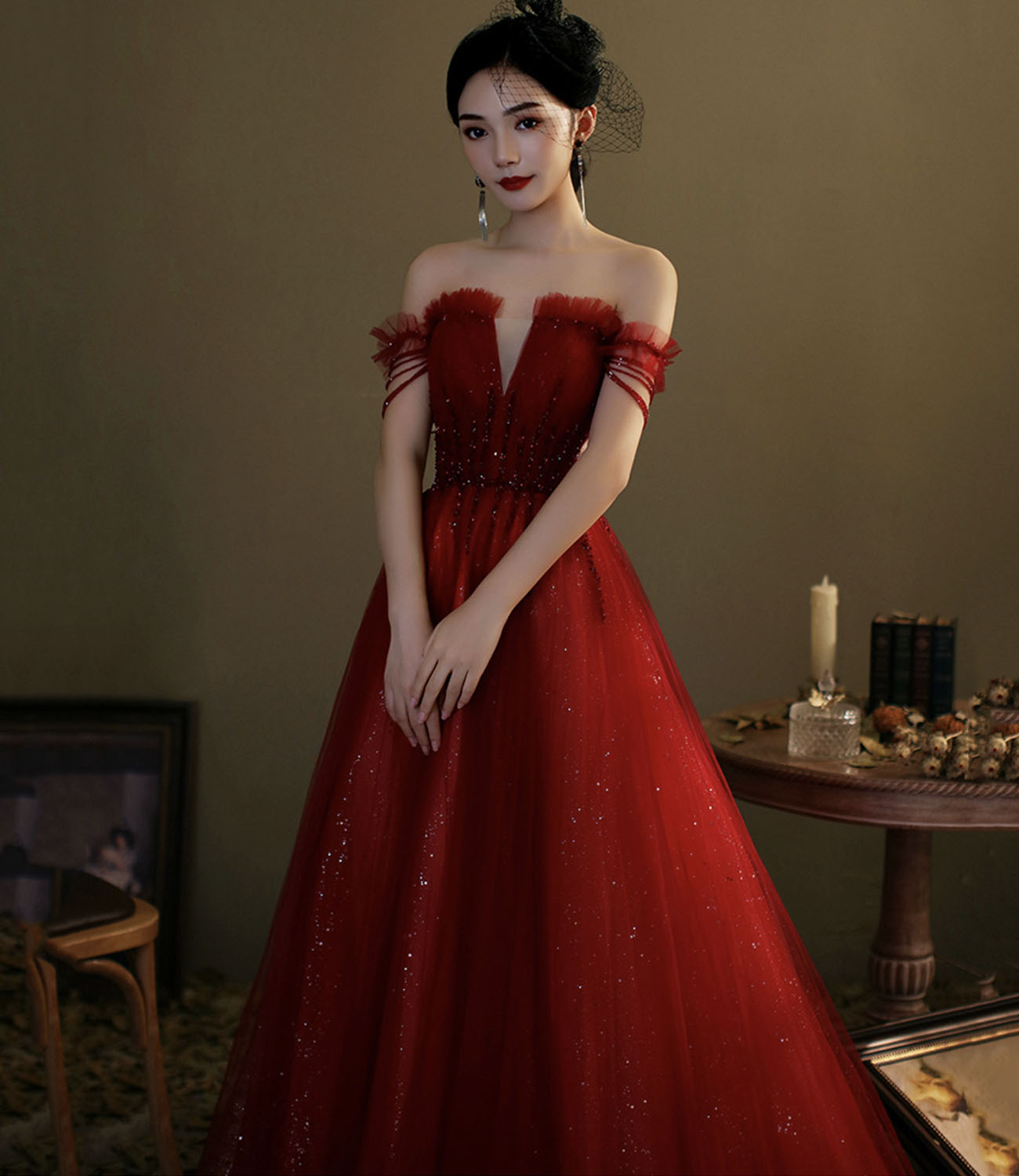 Red tulle sequins long prom dress evening gown  10276