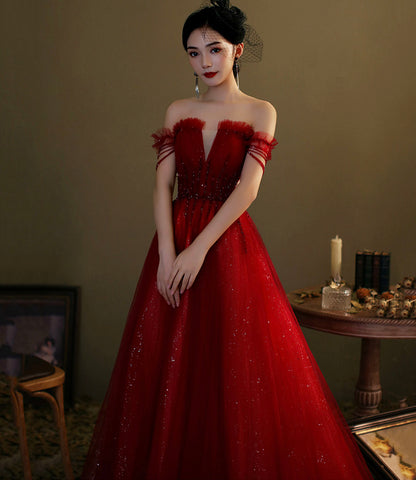 Red tulle sequins long prom dress evening gown  10276