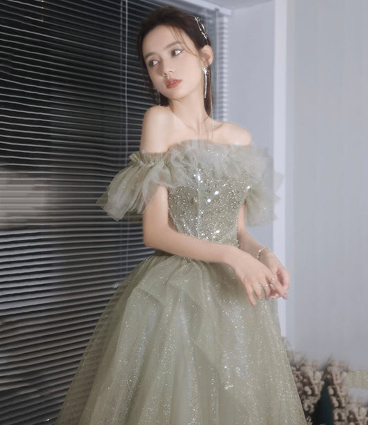 Green tulle sequins long prom dress A line evening dress  10225