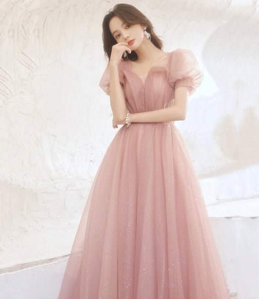 Pink tulle long prom dress pink evening gown  10258