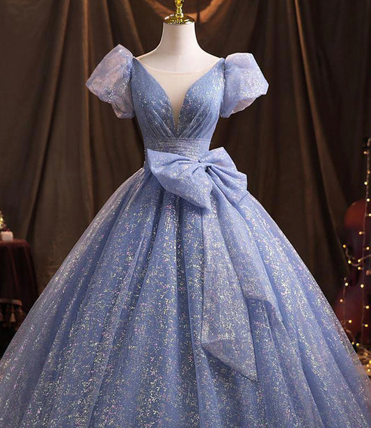 Blue tulle long prom dress A line evening gown  10229