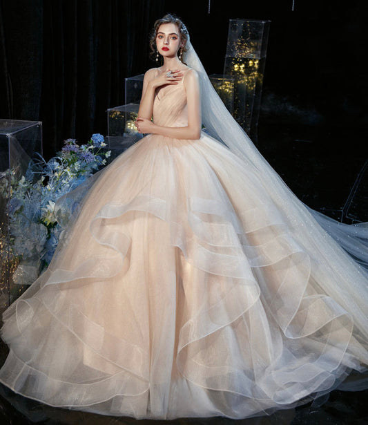 Champagne tulle long prom dress A line evening gown  10236