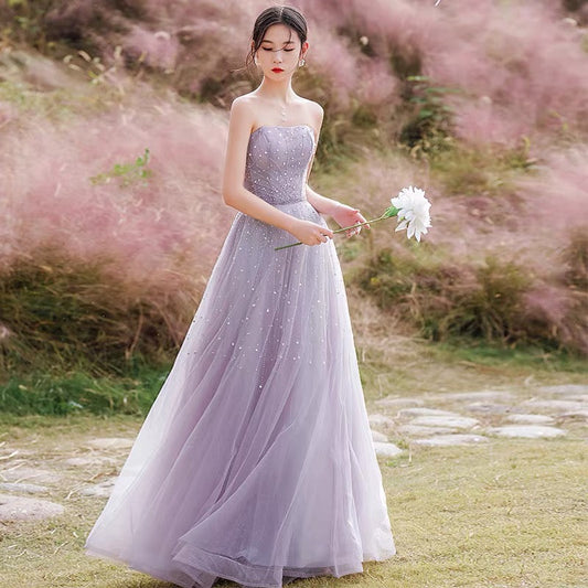 Purple tulle beads long prom dress A ine evening gown  10209