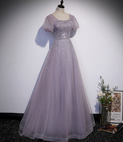 Purple tulle beads long prom dress A line evening gown  10221