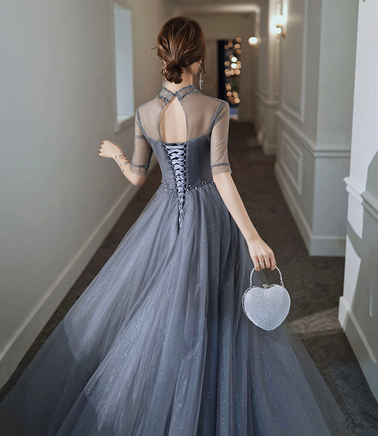 Gray tulle beads long prom dress A line evening gown  10278